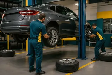 Mecânico realizando rodízio de pneus em uma borracharia.