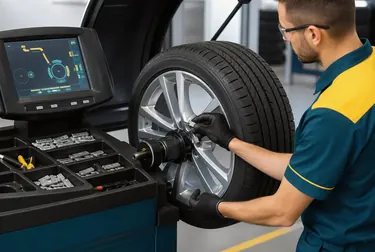 Profissional balanceando rodas em uma oficina de borracharia.