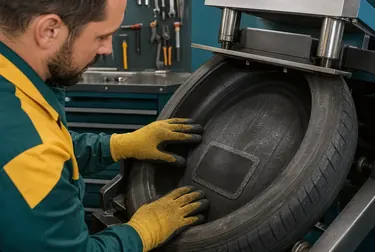 Profissional realizando vulcanização de pneu em uma borracharia.